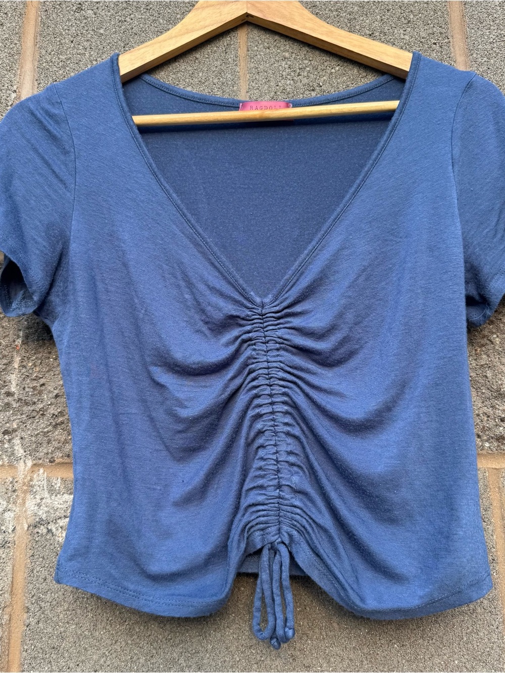 Women’s Blue Ruched Drawstring Cropped V-Neck Shirt Large